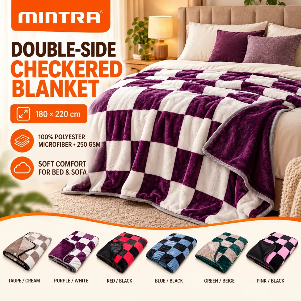 [10398] Double-Side Checkered Blanket (180x220cm) - Assorted